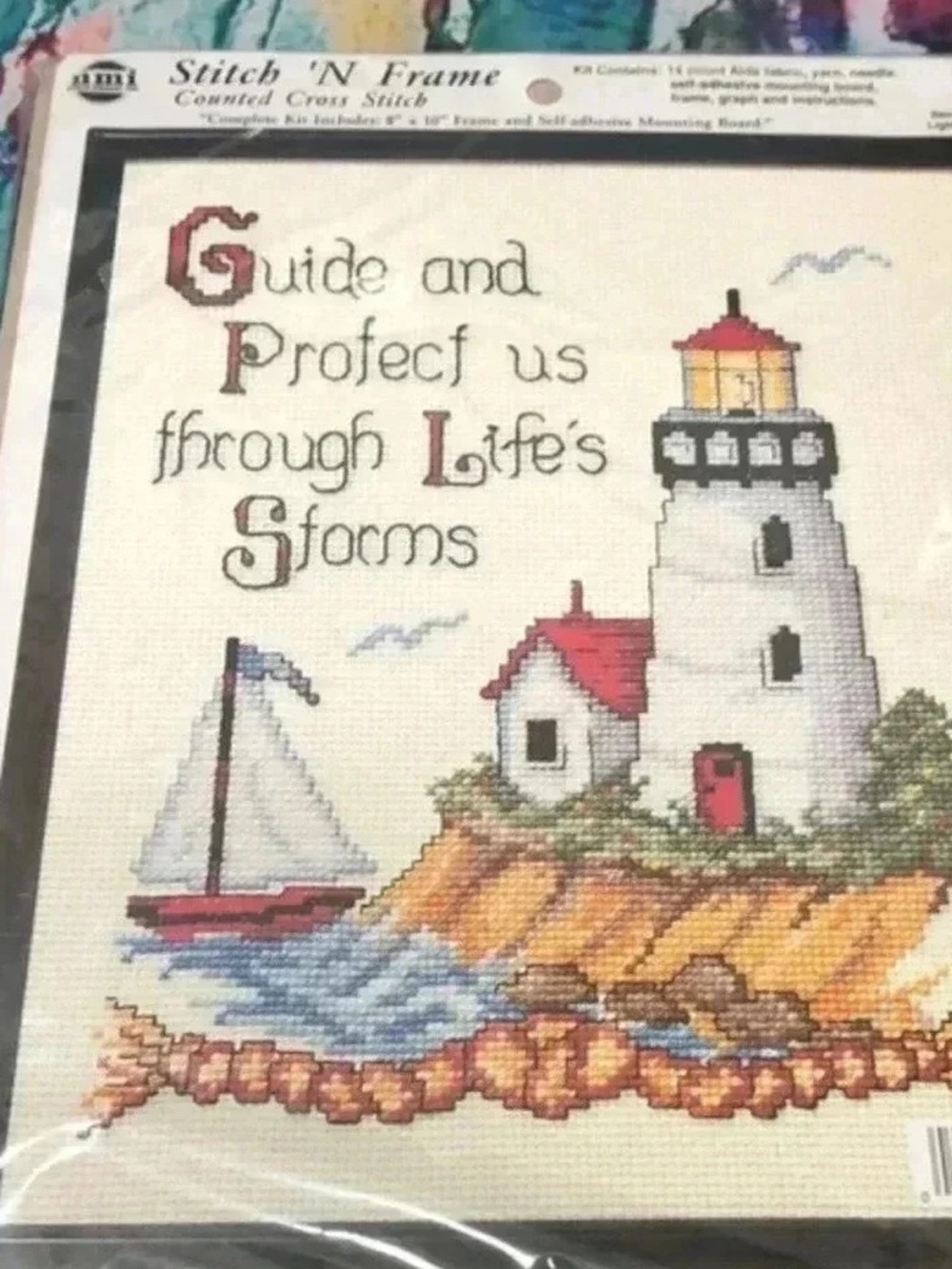 Lighthouse Cross Stitch Wall Decor - White, Red, Blue